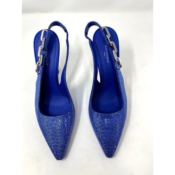 NEW Louis Vuitton Blue Crystal Sparkle Sling Back Chain Link Heel Pointed Toe 39 - Picture 4 of 8